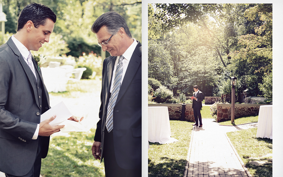 The groom reads a letter from the bride, smiling with his father before their outdoor wedding ceremony