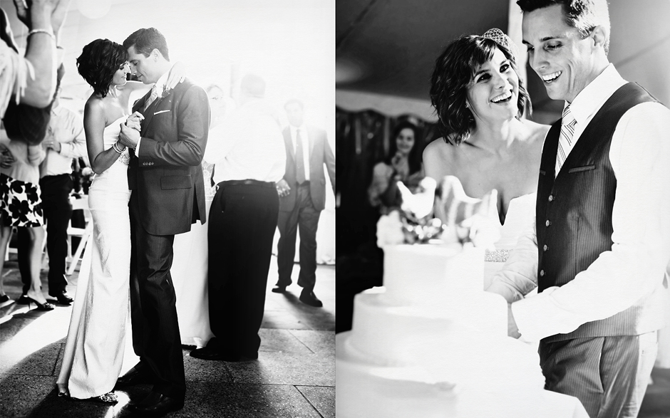 The bride and groom look very much in love as they dance and cut their cake, depicted in black and white, wedding photography by Peter Van Beever