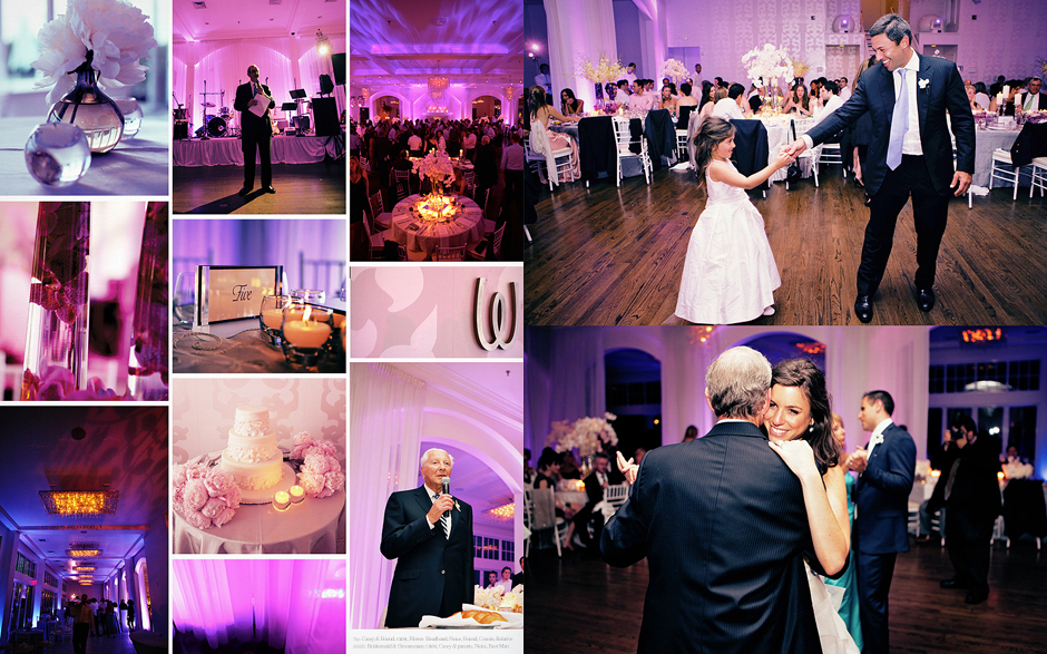 The wedding reception at the Belle Mer in Newport Rhode Island; details include small vases with white flowers, pink lighting illuminates flowers, beautiful wedding cake surrounded by candles and pink flowers, custom W, toasts, and dancing complete the evening, photographed by Peter Van Beever