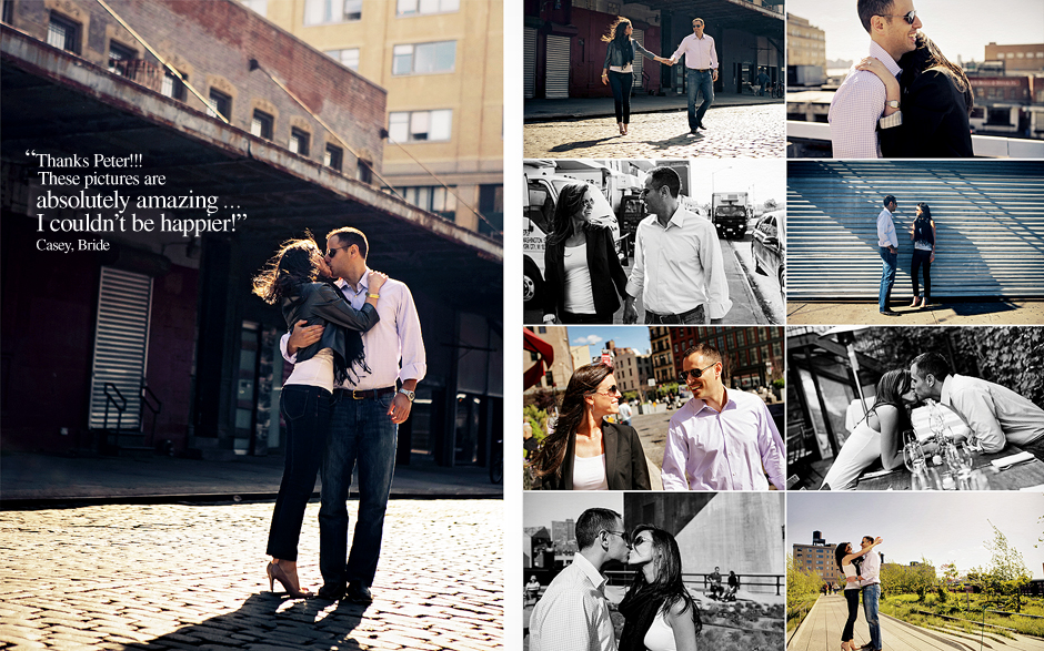 A copule kissing outside in New York City during their engagement shoot; walking around the city, laughing, eating at restaurant, and having a good time, what a fun engagement shoot idea, photographed by Peter Van Beever