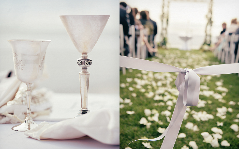 Outdoor summer Jewish wedding held at the Belle Mer in Newport, Rhode Island, with silver chalice and ribbon details