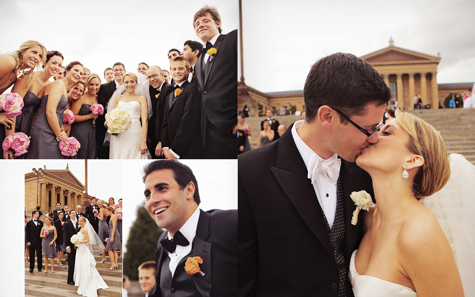 Fun wedding party and bridal party candid and posed photos at the Philadelphia Museum of art. Bride and groom kissing, pink flower bouquets and yellow boutonnieres and white and black bow ties.